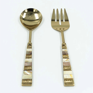 ชุดส้อมและช้อนดีไซน์ใบไม้สวยงาม วัสดุทองเหลืองและสแตนเลส สำหรับเสิร์ฟสลัด - Product Image 6