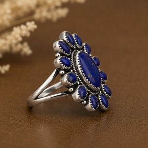 Anillo de Plata de Ley 925 Hecho a Mano con Lapislázuli, Diseño Floral, Estilo Boho Vintage, Gema Opaca - Product Image 6
