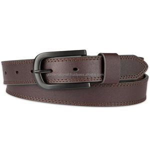 Ceintures en cuir véritable de haute qualité avec logo personnalisé en gros pour hommes, ceinture en cuir marron ajustable de luxe à double couture pour hommes - Product Image 5