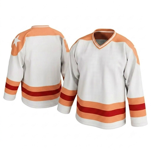 Maillot de hockey sur glace blanc sublimé personnalisé avec bandes rouges pêche, col en V, manches longues, léger, respirant, en mesh. - Product Image 1
