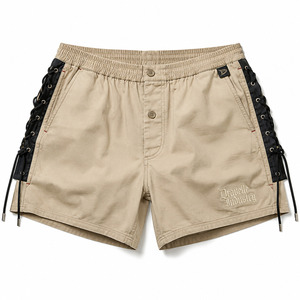 Low MOQ Cream Cotton Y2K Lace-Up <b>Boxer</b> Shorts Men's Streetwear Black Side Panels Oversized Casual Lounge Shorts Wholesale - Product Image 2