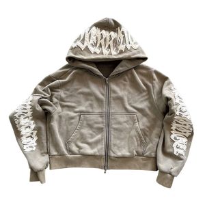 Custom Distressed Embroidery Applique Patch Zip-Up Terry Thermal Street Style 100% Cotton Autumn Hoodies Sweatpants Sets for <b>Men</b> - Product Image 2