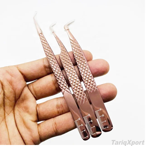 Ensemble de pinces à épiler pour extensions de cils en acier inoxydable, 12 mm, or rose, logo personnalisé, légères, vente en gros - Product Image 2