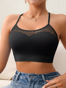 Pullover Moisture Wicking Sports Bra Geometric Net Detailing Spaghetti Y Back Design Seamless Workout <b>Crop</b> <b>Top</b> Blanks - Product Image 1