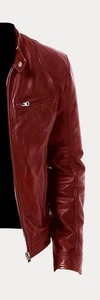 Men's <b>Burgundy</b> maroon <b>Leather</b> Moto <b>Jacket</b> Stand Collar Zipper Closure Slim Fit Regular Sleeve Autumn Solid Color - Product Image 3
