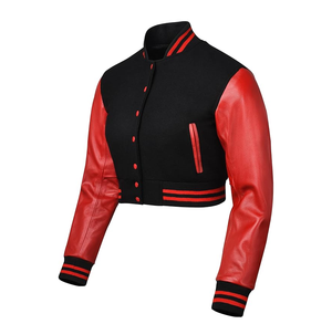 <b>Men's</b> Black <b>Red</b> PU <b>Leather</b> Varsity <b>Jacket</b> Stand Collar Button Closure Casual Short Sleeve Autumn Wear - Product Image 4