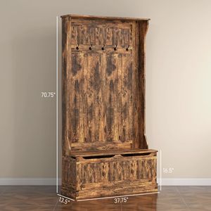 3-in-1 Rustic Brown Entryway Bench with Coat Rack & <b>Shoe</b> Storage Hall Tree with 5 <b>Hooks</b> Free Standing MDF Material - Product Image 3