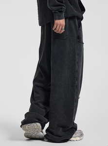 Unisex Corduroy <b>Cargo</b> Pants <b>Wide</b> <b>Leg</b> Multiple Pockets Loose Fit Streetwear Autumn Solid Color Elastic Waist Full Length - Product Image 2