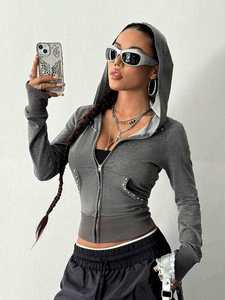 Slim Fit Embroidered Summer Hooded Women's 100% Cotton Short Sweatshirt <b>Top</b> Cardigan Jacket with Zippers - Product Image 3