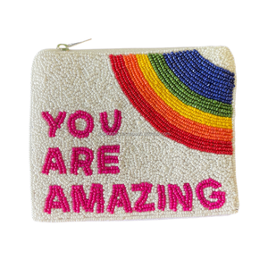 Custom Embroidery Mini Zipper Coin Purse Unisex Travel Hand Beaded Handmade Anti-Theft 'You Are Amazing' Pouch <b>Rainbow</b> <b>Sequin</b> - Product Image 2