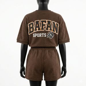 Ensemble haut et short en molleton de coton vintage marron premium 260 GSM, avec impression puff et sérigraphie - Product Image 4