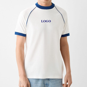Men's <b>White</b> Raglan Sleeve T-Shirt With Blue Contrast Trim Regular Fit O-Neck Casual Jersey Cotton Top Front Logo Print - Product Image 1