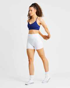 Women's Blue <b>White</b> <b>2</b> <b>Piece</b> Sports <b>Set</b> Halter Crop Top High Waist Shorts Solid Color Knitted Breathable Summer Wear - Product Image 3
