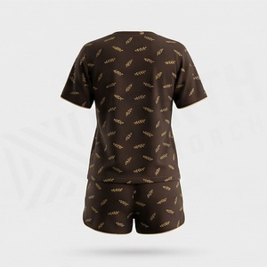 Conjunto de pantalones cortos de punto de 2 piezas para mujer, estampado con patrón de hojas, cuello redondo, manga corta, informal, por encima de la rodilla, traje para estar en casa - Product Image 2