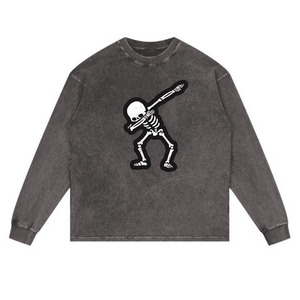 Dabbing <b>Skeleton</b> Long Sleeve T-Shirt Unisex Crew Neck 100% Cotton Loose Fit All Seasons Green Pattern Front Print - Product Image 2