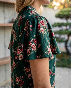Blusa de Mujer con Estampado Floral, Manga Corta, Cuello Peter Pan, Manga con Volantes, Camisa Informal de Verano, 100% Algodón Transpirable - Product Image 1