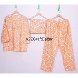 Elegante Conjunto de Pijamas de Algodón 100% No Tejido para Mujer, Ropa de Dormir Informal con Cuello Redondo, Manga Larga, Transpirable para Invierno, Cintura Elástica - Product Image 1