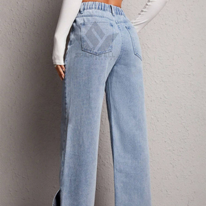 Jeans de mezclilla de mujer azul claro de pierna ancha, cintura alta, con abertura lateral, ajuste holgado, largo completo, pantalones casuales de pierna recta a la moda - Product Image 2