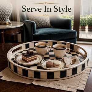 Premium Artisan Bone Inlay Round Decorative Storage <b>Tray</b> with Handmade Geometric Pattern for Jewelry, <b>Perfume</b>, Candles & Modern - Product Image 4