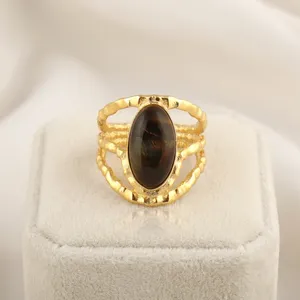 Natural Black <b>Tiger</b> <b>Eye</b> Oval Stone <b>Ring</b> Solid Brass 18k Gold Plated Three Layer Trendy Adjustable Wholesale Stylish Fashion <b>Ring</b> - Product Image 2