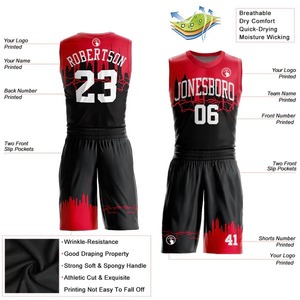 Maillot de basket-ball personnalisé noir, blanc et rouge, sublimation, uniforme d'équipe professionnel, tissu en maille respirant, logo personnalisé - Product Image 2