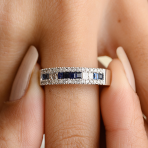 18K Vivid Sapphire and Diamond Cushion Cut Wedding Band Ring - Product Image 1