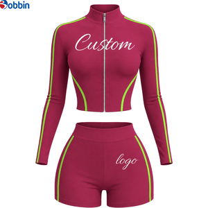 Ensemble de sport 2 pièces pour femme Hip Hop, haut à manches longues avec fermeture éclair et short taille haute, imprimé logo personnalisé, coupe sportive, printemps-été - Product Image 5
