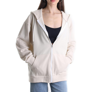 Sudadera con capucha y cremallera para mujer, de color sólido, de algodón tejido, informal, transpirable, para otoño, corte holgado, manga larga - Product Image 3