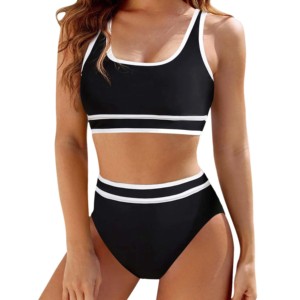 Ensemble de maillot de bain sportif 2 pièces pour femmes, couleur contrastée, col rond, sans manches, court, en spandex/polyester, écologique, séchage rapide, été - Product Image 1