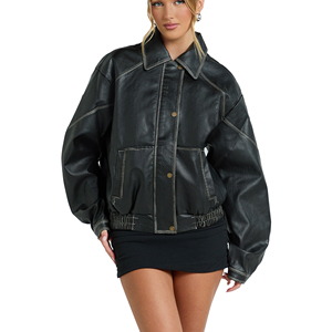<b>Women</b> Real Cowhide Leather Bomber <b>Jacket</b> Classic Slim Fit <b>Zip</b>-<b>Up</b> Plain Dyed Silk Customized Logo Factory Price Wholesale OEM - Product Image 1