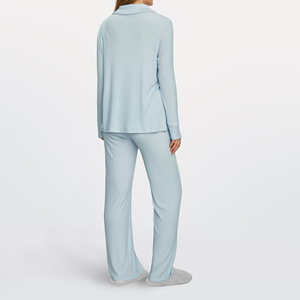 Ensemble de pyjama décontracté pour femmes, bleu clair, manches longues, vêtements de nuit classiques en coton doux, taille élastique, couleur unie - Product Image 2