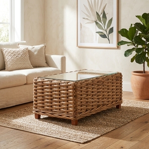 New Modern Minimalist Chunky Woven Rattan Coffee Table <b>Wood</b> Glass Eco-Friendly Outdoor Garden Patio Furniture Indoor <b>Desk</b> Box - Product Image 3