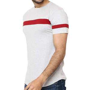 Camiseta de Manga Corta para Hombre, Cuello Redondo, Rayas Grises y Rojas, Estilo Casual, Tejido de Punto, Algodón, Diseño con Ribete en Contraste - Product Image 3