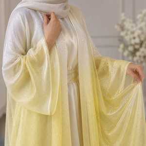 Abaya de prière islamique pour femme, en organza satiné ombré, col en V, manches longues, longueur ras du sol, légère, coupe ample, modeste, avec broderie de pierres - Product Image 1