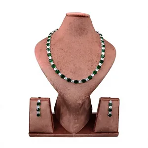 Korean CZ Emerald Green Cushion Cut Cubic Zirconia Brass Tennis <b>Necklace</b> and Earring Bridal Fashion Jewelry Set - Product Image 3