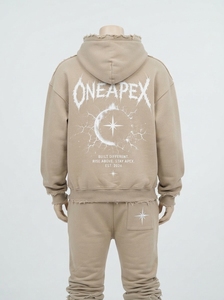 Ensemble de survêtement décontracté deux pièces en molleton délavé beige surdimensionné, style streetwear, avec sweat à capuche et pantalon de jogging - Product Image 4