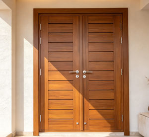 Puerta Doble de Entrada Moderna de Madera Sólida GA-46L, Puerta Principal Abatible de Nogal, Caoba y Palisandro con Diseño de Doble Ranura - Product Image 1