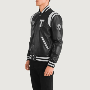 Men's Black PU Varsity <b>Jacket</b> Regular Fit Turn-Down Collar Button Closure Embroidered Letter J Patch Design Autumn Wear - Product Image 5