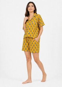 Conjunto de Pijama de Algodón para Mujer con Estampado Floral de Mostaza, Camisa de Manga Corta y Pantalones Cortos, Hecho a Mano, Obra Maestra Casual - Product Image 4