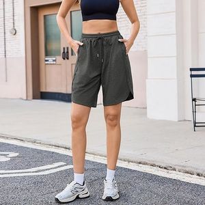 Shorts de plage décontractés pour femmes, 100% coton molletonné, couleur unie, poches latérales, coupe régulière, cordon de serrage, streetwear - Product Image 3