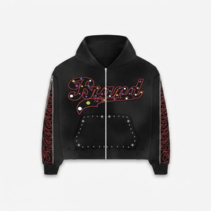 Factory Custom Oversize Acid Wash Streetwear Sweatsuits Baggy Rhinestone Heavyweight Tracksuit Cotton Men Zip-up Hoodie <b>Set</b> - Product Image 4