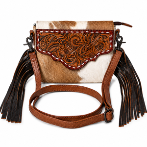 Sac à bandoulière en cuir de vachette pleine fleur Western, orné de motifs floraux et de franges, sac à main en cuir véritable pour femme - Product Image 1