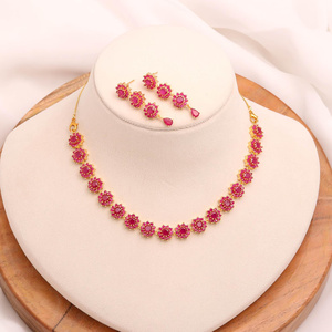 Floral Red Gemstone <b>Necklace</b> Set 22K Gold Plated Brass Classic Wedding Jewelry Floral Wedding <b>Necklace</b> - Product Image 2