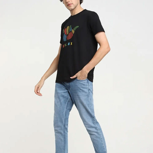 T-shirt décontracté pour homme, col en V, manches courtes, noir, 100% coton popeline, couleur unie, tissu tricoté, été - Product Image 2