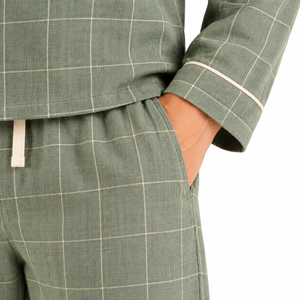 Ensemble pyjama tissé à carreaux pour hommes, manches longues, boutonné, vêtements de nuit chauds d'hiver, pantalon de détente assorti, vêtements de nuit verts - Product Image 5