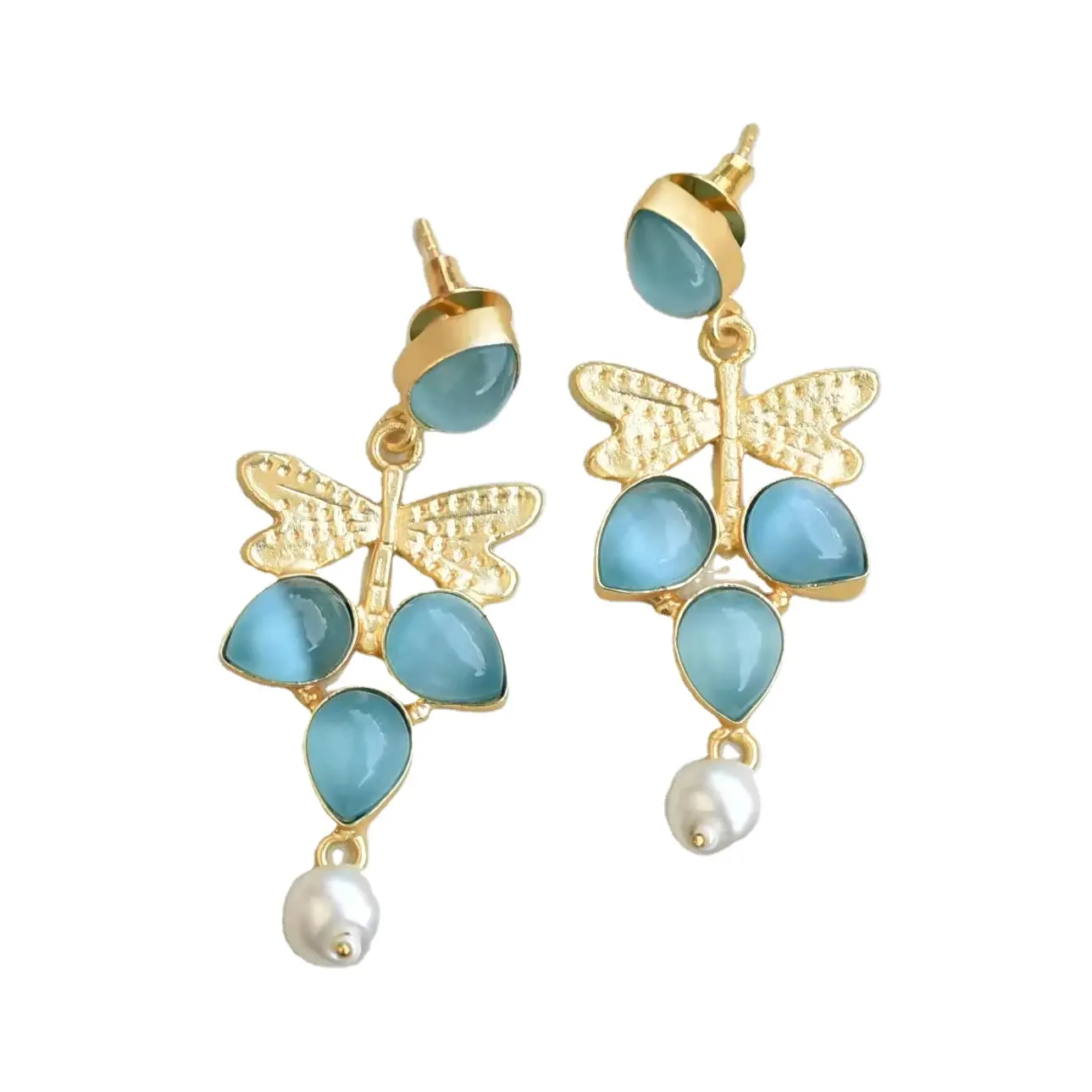 Crystals Statement Butterfly Pattern Earrings Super Light weight Pearl Dangle Earrings Gold Plated Custom Made Jewellery Studs