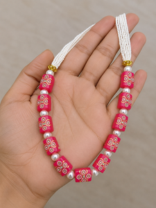 Traditional Indian Kundan Meenakari <b>Pink</b> Bead Necklace <b>Set</b> with Pearl Highlights for Weddings - Product Image 3