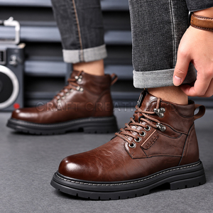 Calzado de Cuero 100% Genuino de Bangladesh, Botines con Cordones, Punta Redonda, Suela de Goma Antideslizante, Forro de Felpa para Invierno, Zapatos Robustos - Product Image 4