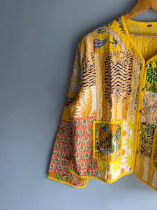 Yellow <b>Patchwork</b> Cotton Jacket V-Neck Button Front Bohemian Style Casual Outerwear for Women Full Sleeve Reversible Design gift - Product Image 4