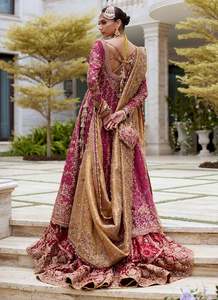 Burgundy Embroidered A-Line Traditional Zipper <b>Lehenga</b> Set Heavy Beaded Wedding Dress Long Sleeve Square Neck Floor Length - Product Image 2